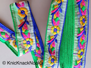 Indian Embroidered Sheer Trim In Yellow Floral Embroidery, Approx. 45mm Wide, Sari Border